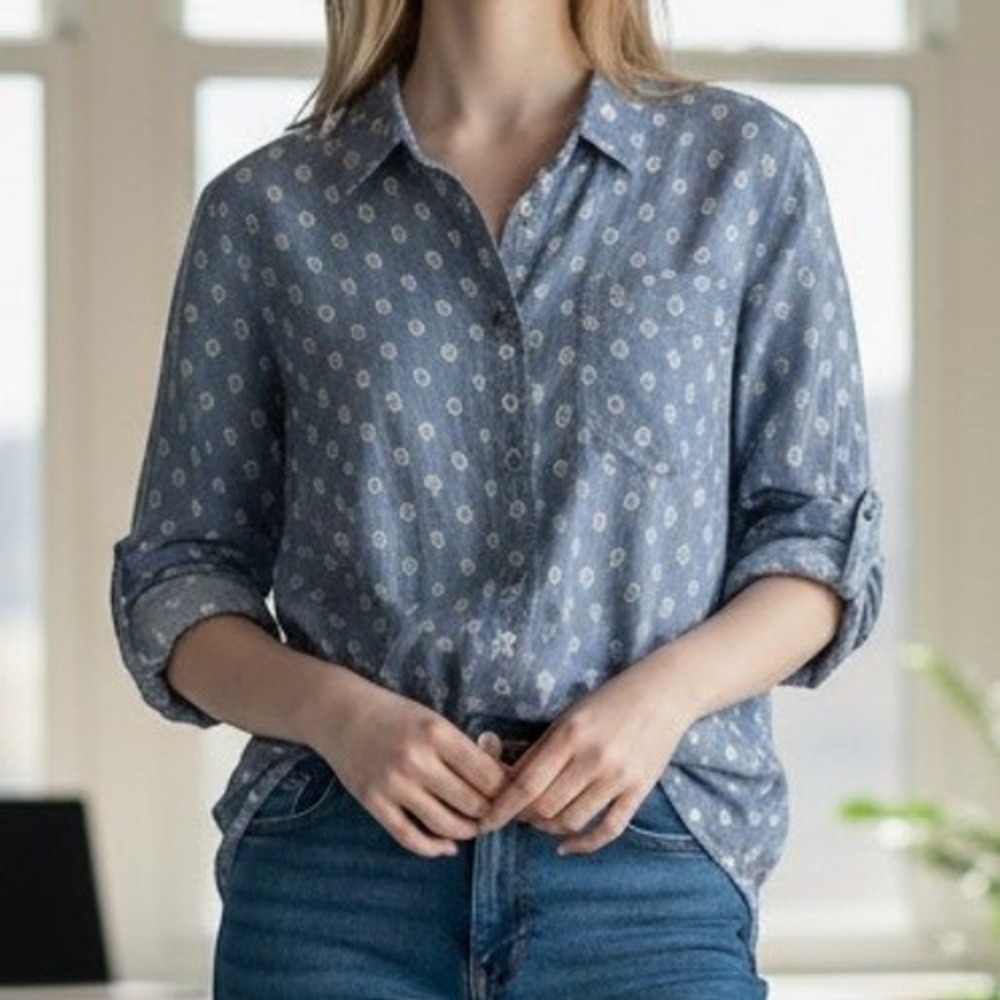 Garnet Hill Organic Pima Cotton Floral Print Button Down Shirt 18 1X